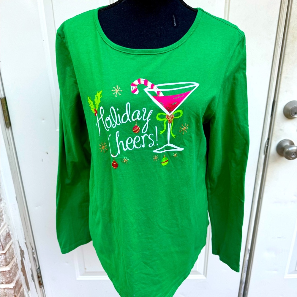 Holiday Time, Long Sleeves, Green, Top, says “ Holiday Cheers!”, Size Large